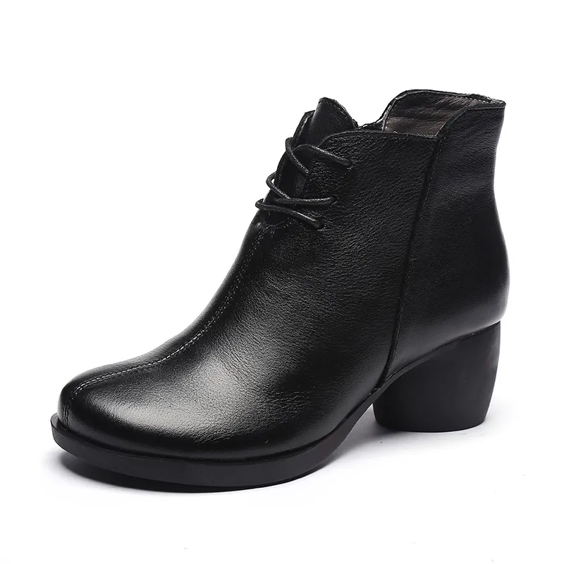 New Retro Leather Comfortable Thick Heel Women Boots High Heel Martin Boots Leather Boots Short Boots Women - Black
