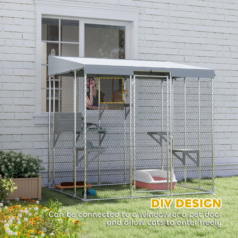 Galvanized Steel Large Catio With Waterproof Canopy, Sleeping Box, Jumping Platforms, For 1-3 Kittens, Silver