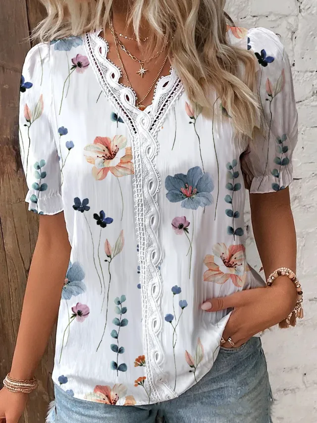 V Neck Lace Short Sleeve Printing For Fashion Color2 S - Shop at LoveMi