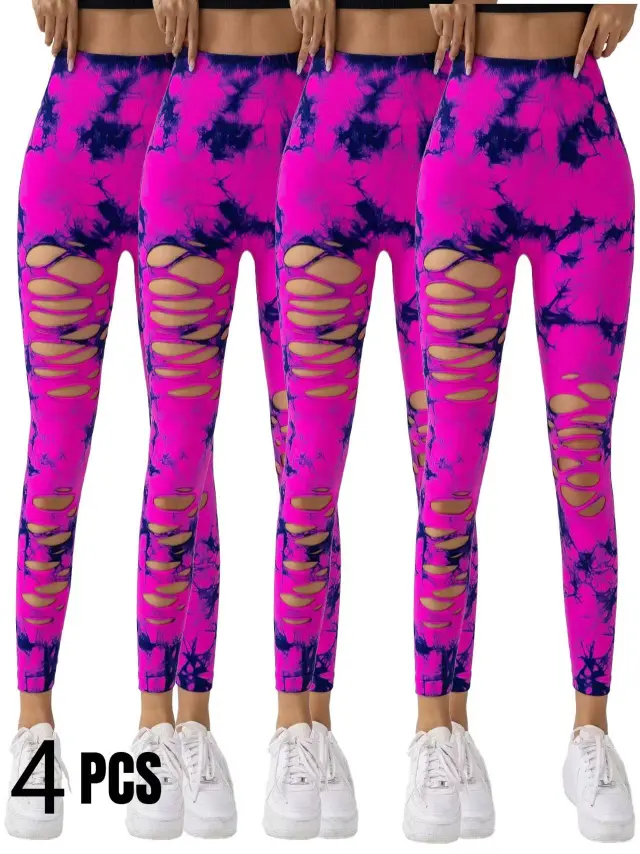 4 Pack New Style Hollow Out Tie Dye High Waisted Tummy Control Yoga Pants Rose Red - Shop at LoveMi