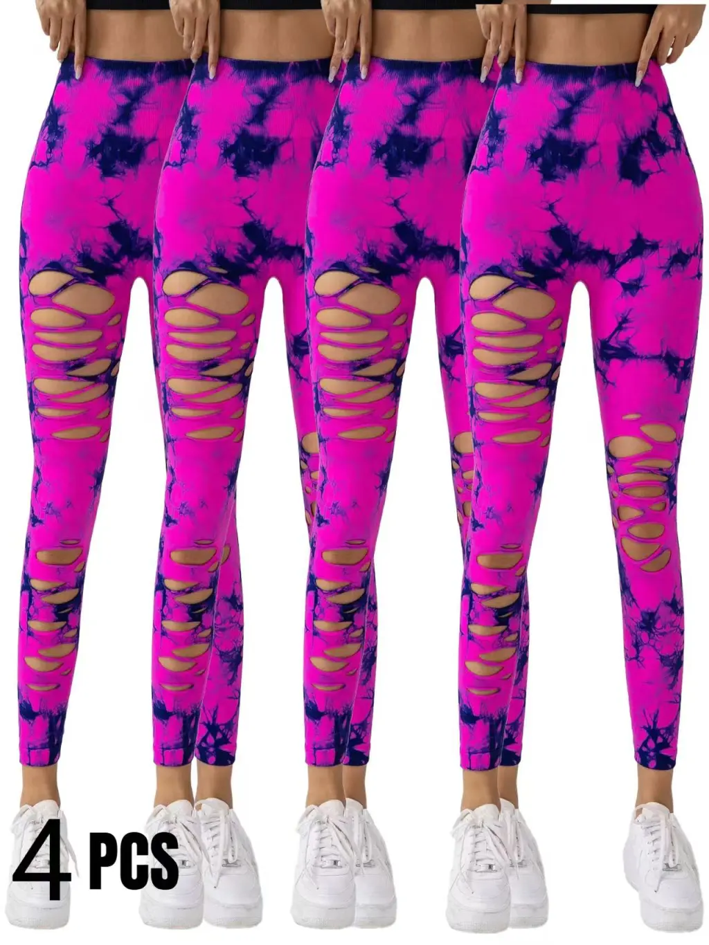 4 Pack New Style Hollow-Out Tie-Dye High-Waisted Tummy-Control Yoga Pants - Rose Red