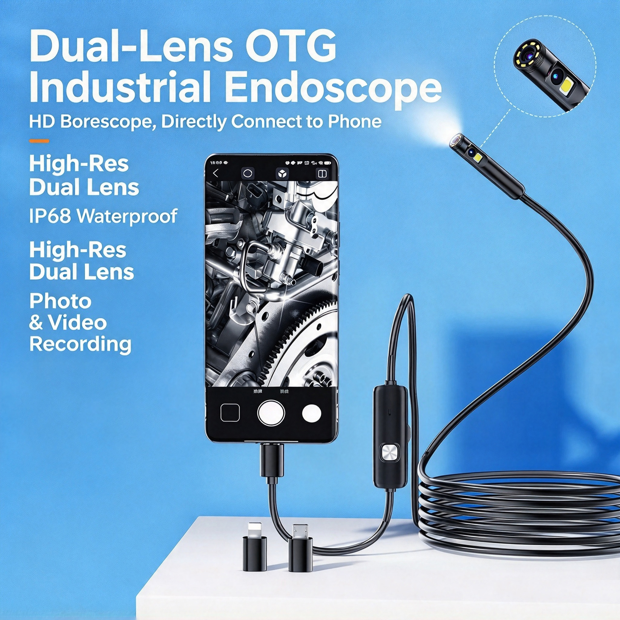 Single-Lens Industrial Endoscope, Direct Connect For IPhone, 2MP HD Portable Inspection Camera, Compatible With Android & IOS product image