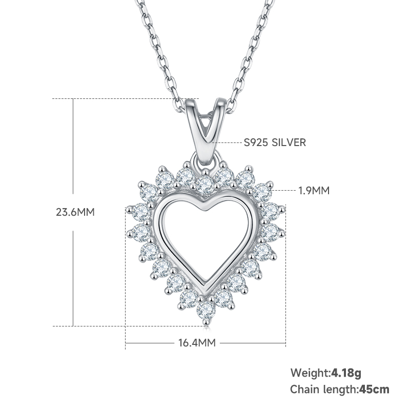 4.1g S925 Sterling Silver Heart Necklace 45cm 20 Stone Sunburst Halo Moissanite Pendant With GRA, Platinum Plated Romantic Gift Box Set For Women