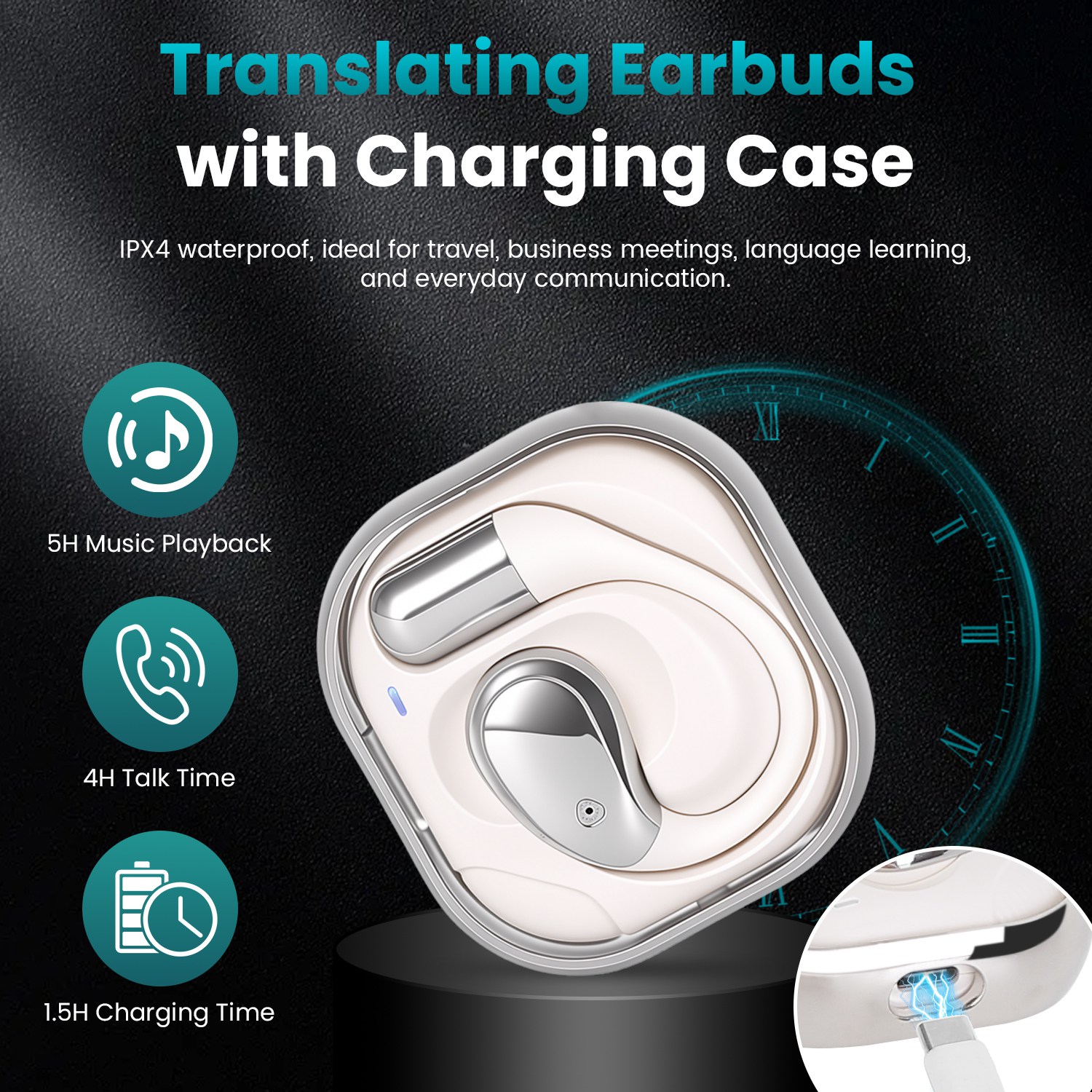 Open-Ear AI Translation Earbuds 165 Language Real Time AI Headphone Wireless 6.0 Translating Earbuds With 360 Degree Rotating Charging Case Lanyard For Travel Meetings Language Learning thumbnail 10