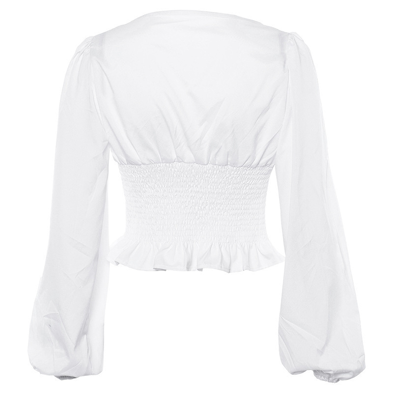 Women's Lantern Chiffon Long Sleeve Pullover Solid Color Top Square Neck Slim T-shirt Trend