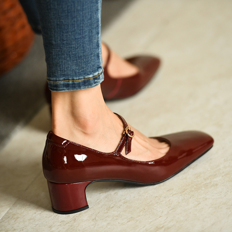 Title 2, Burgundy bright leather strap square toe shoes ...