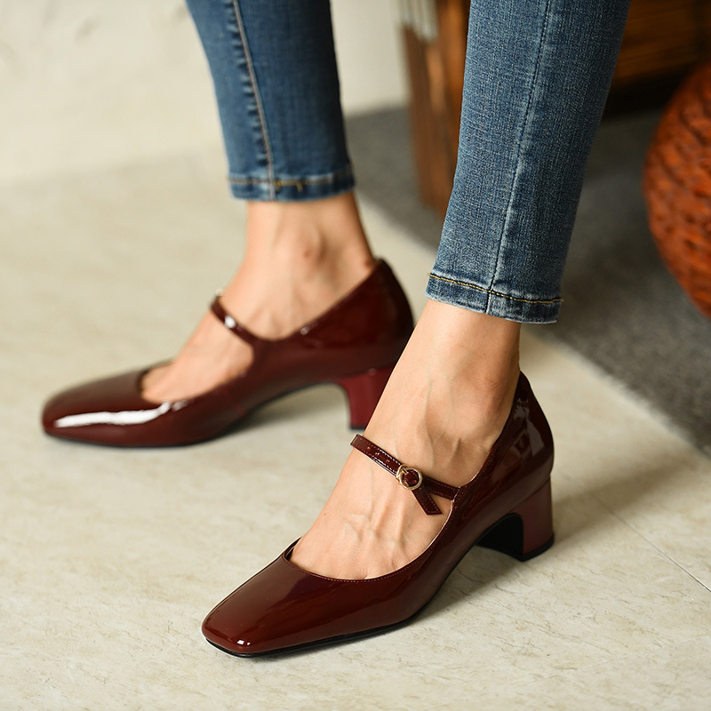 Title 3, Burgundy bright leather strap square toe shoes ...