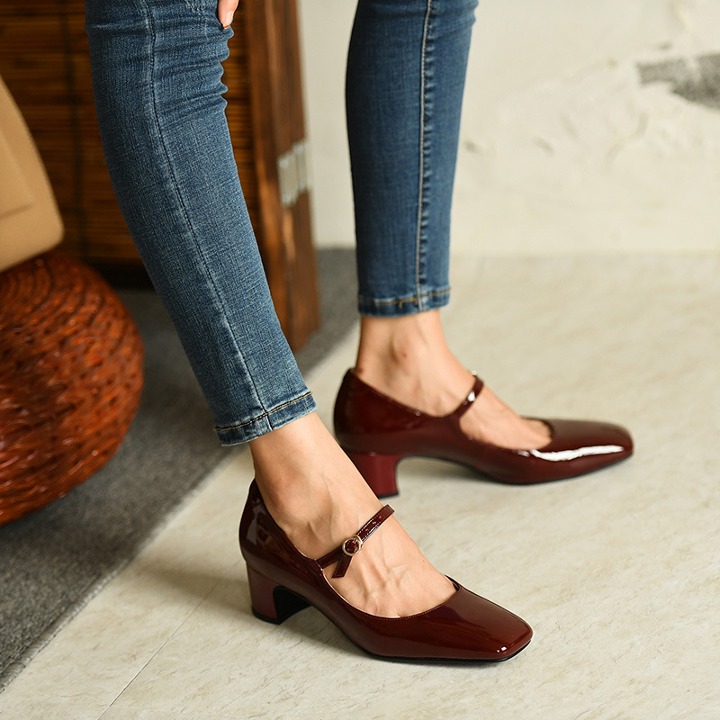 Title 4, Burgundy bright leather strap square toe shoes ...