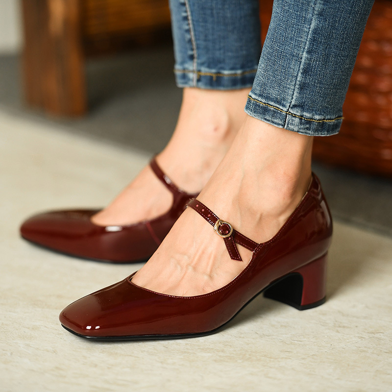 Title 5, Burgundy bright leather strap square toe shoes ...