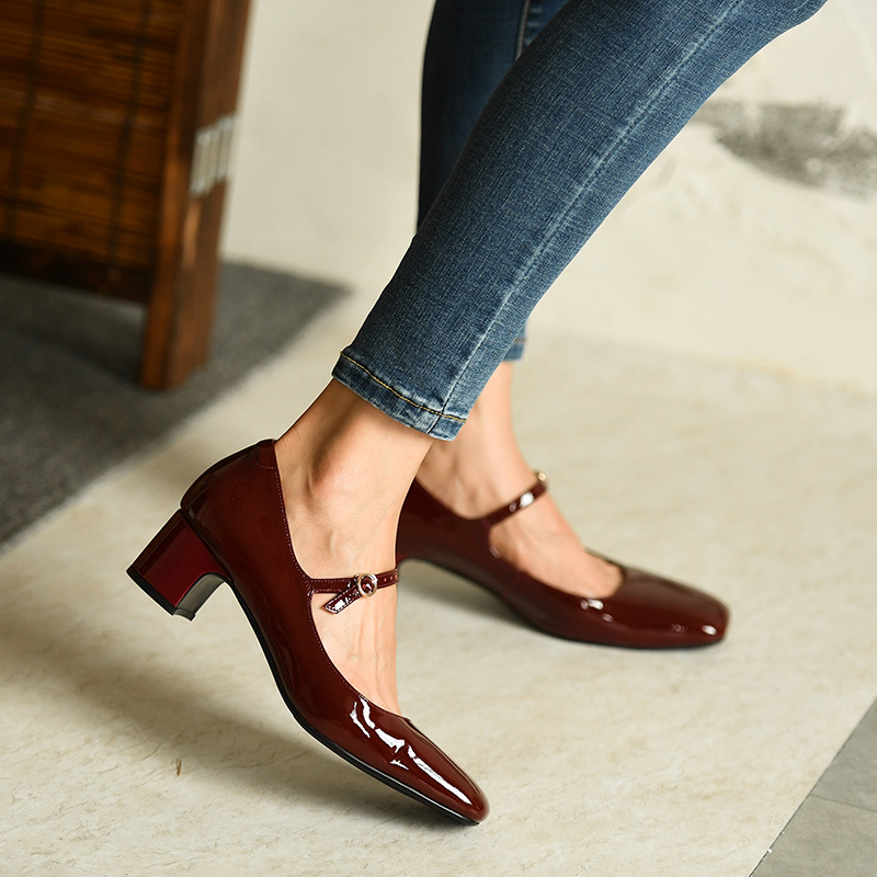 Title 6, Burgundy bright leather strap square toe shoes ...