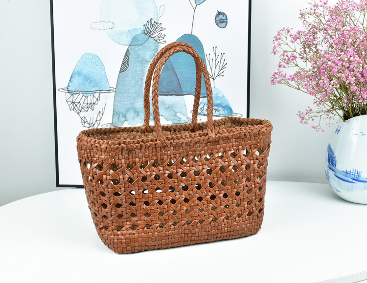 Title 3, Food Basket Bag First Layer Cowhide Woven Bag H...