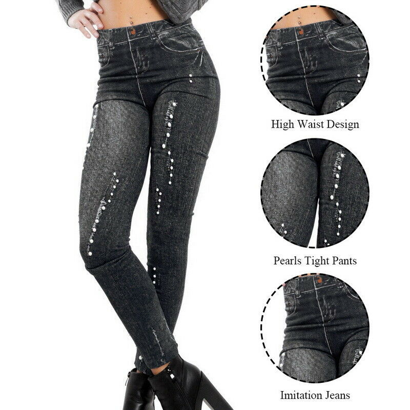 Title 2, Leggings estampadas de jeans para mulheres. Con...