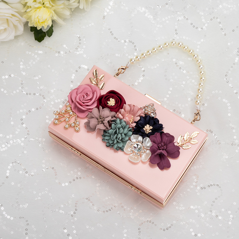 Title 3, Pearl Hand Chain Pink Flower Thick Chain Bag