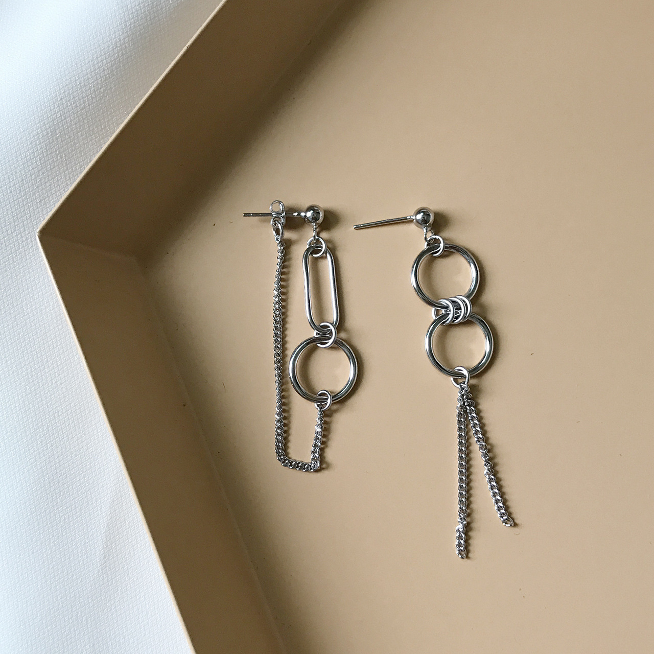 Title 10, Silver Asymmetry Earrings for Women