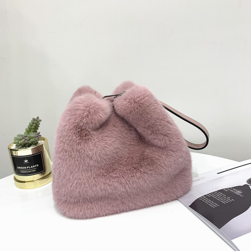 Title 12, New imitation mink fur plush bucket shoulder bag