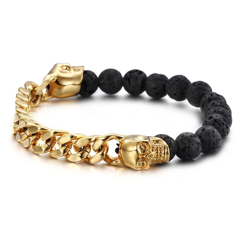 Title 1, Yellow Gold Cuban & Lava Rock Skull Bracelet