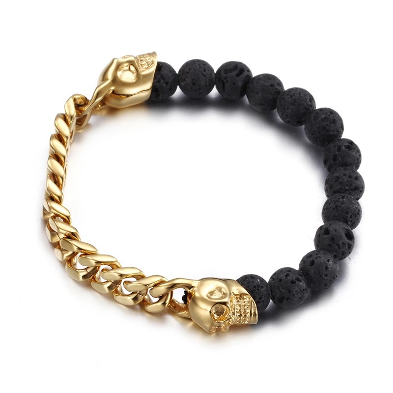 Title 2, Yellow Gold Cuban & Lava Rock Skull Bracelet