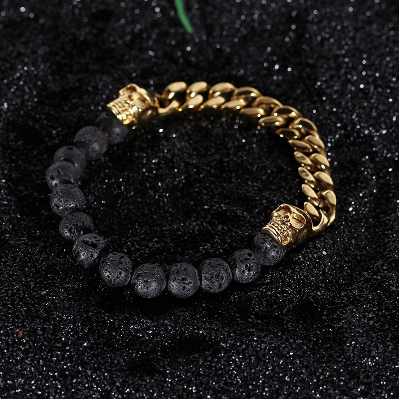 Title 3, Yellow Gold Cuban & Lava Rock Skull Bracelet