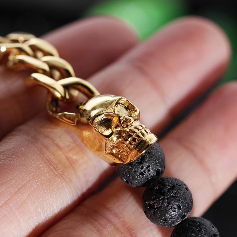 Title 4, Yellow Gold Cuban & Lava Rock Skull Bracelet