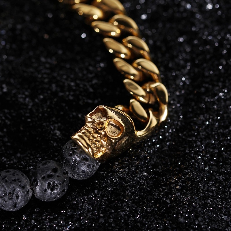 Title 5, Yellow Gold Cuban & Lava Rock Skull Bracelet