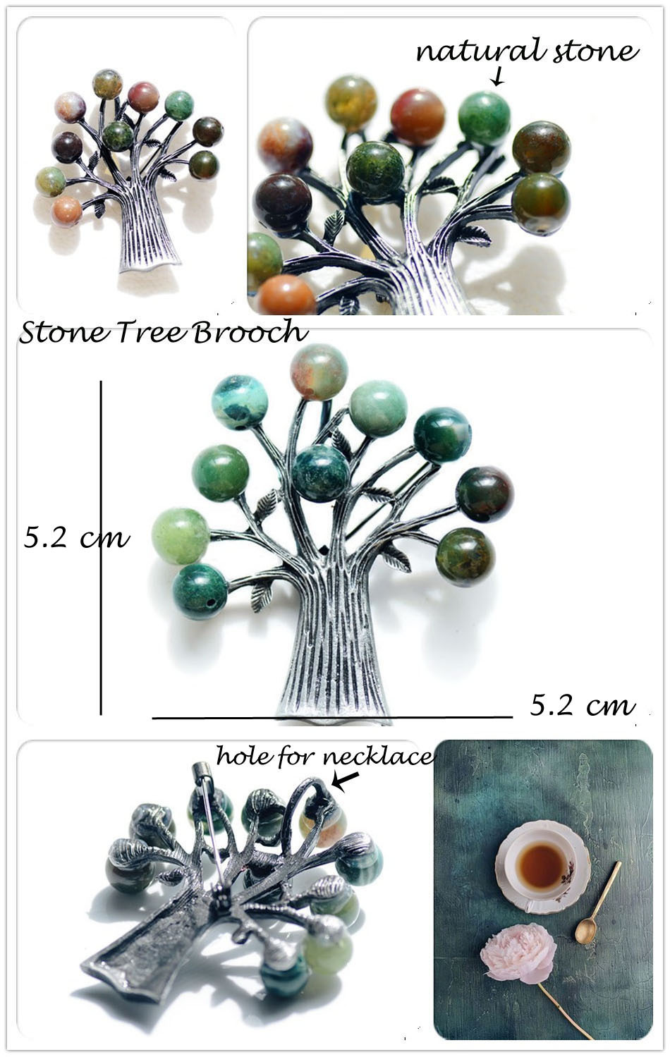 Title 1, Fashionable Natural Stone Tree Retro Alloy Brooch