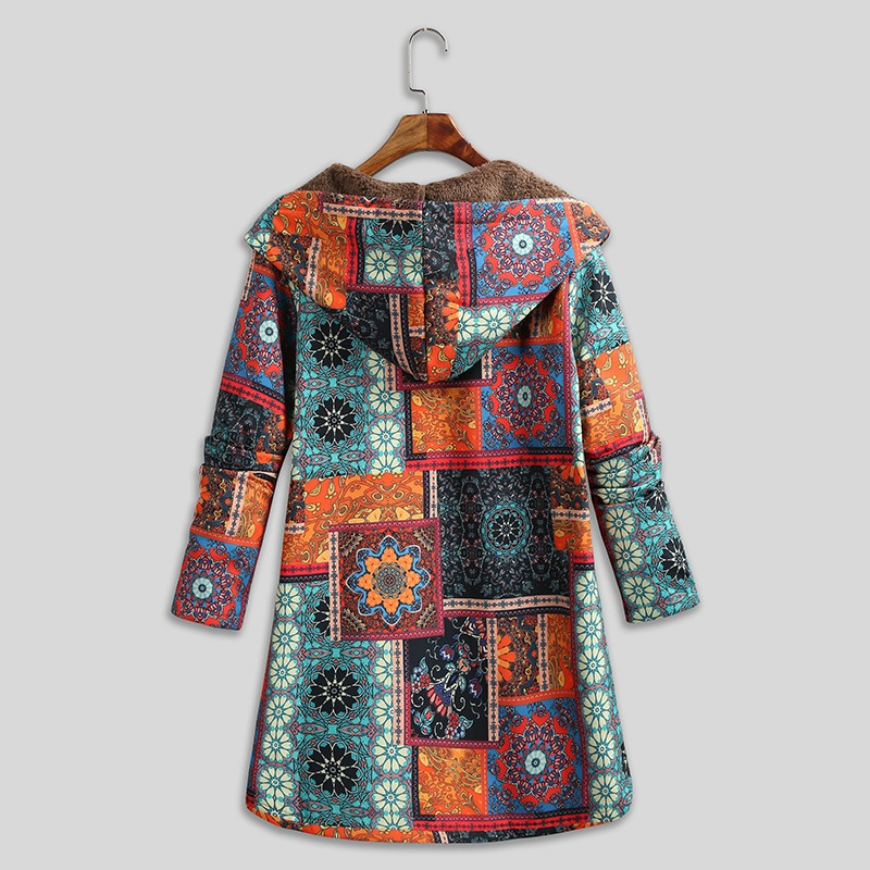 Title 2, Retro Ethnic Floral Print Plus Size Cotton Jacket