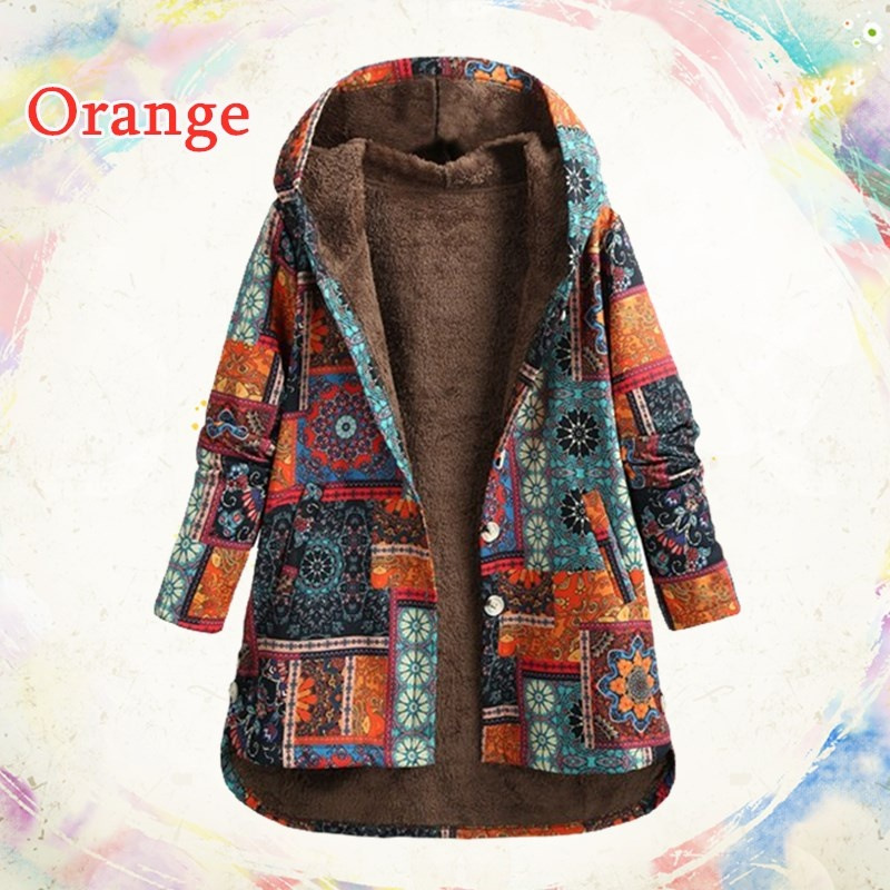 Title 5, Retro Ethnic Floral Print Plus Size Cotton Jacket