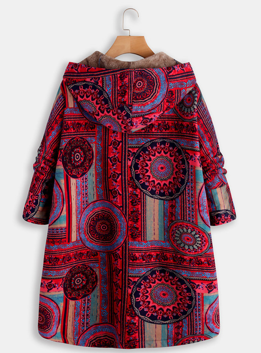 Title 9, Retro Ethnic Floral Print Plus Size Cotton Jacket