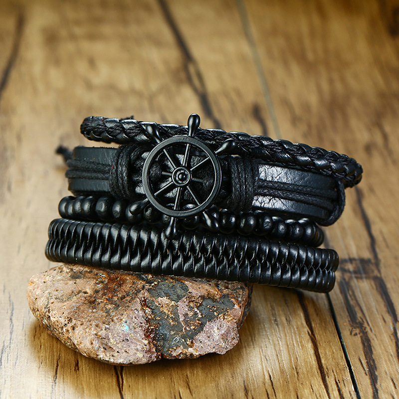 Title 3, Rudder Wooden Bead Leather Woven Bracelet