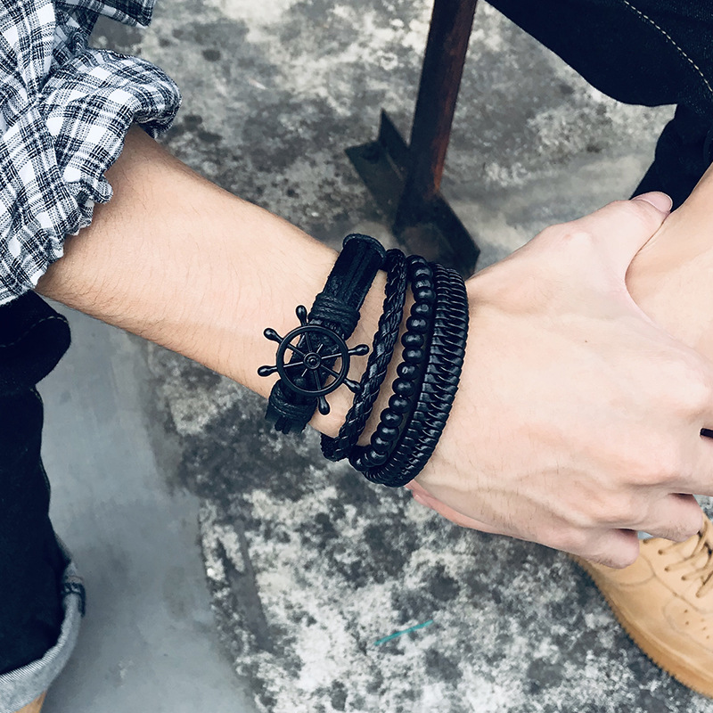 Title 5, Rudder Wooden Bead Leather Woven Bracelet