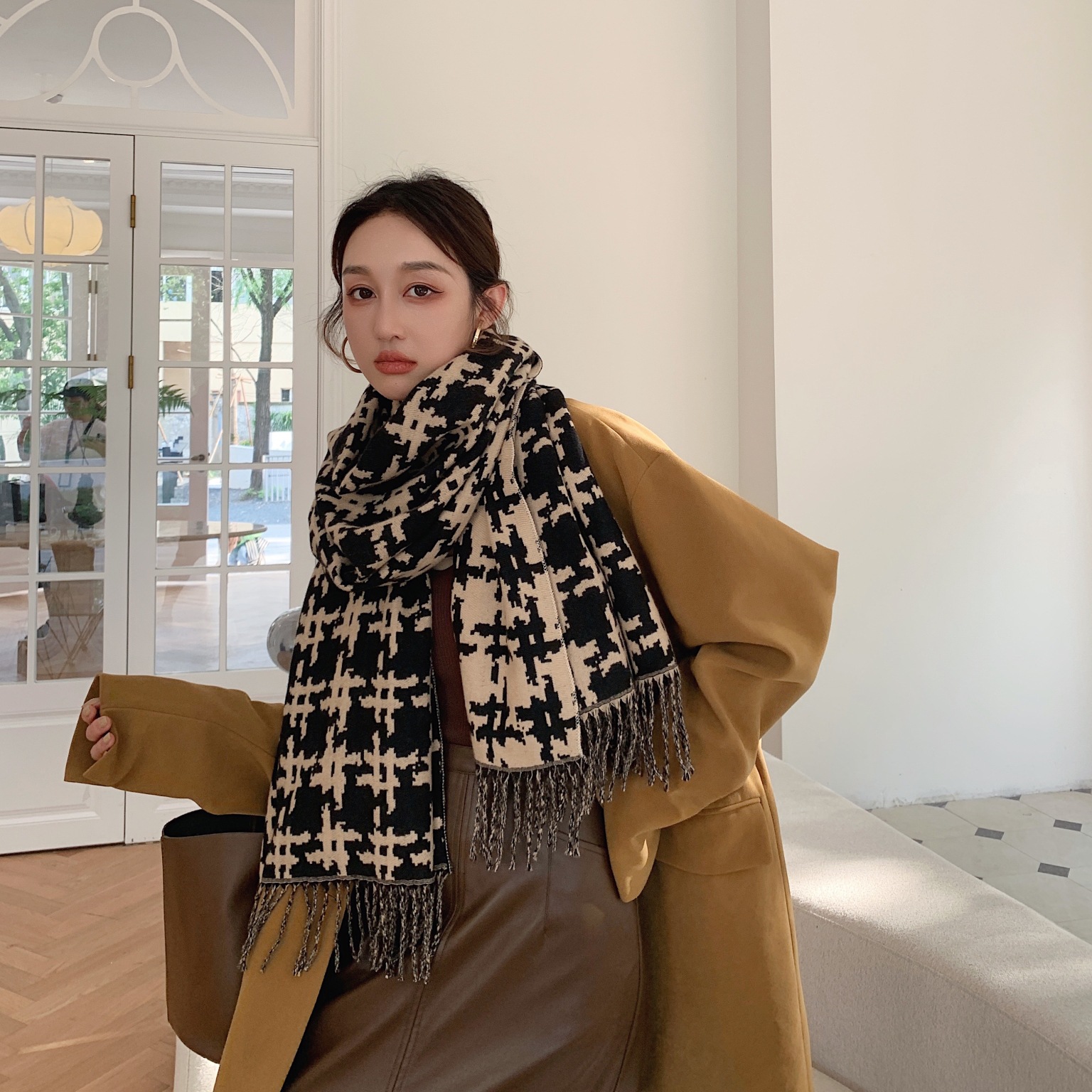 Title 1, Long Fringed Thick Houndstooth Large Shawl Wome...