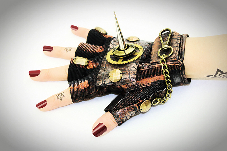 Title 2, Steampunk Rock Locomotive Half Finger Gloves Ou...