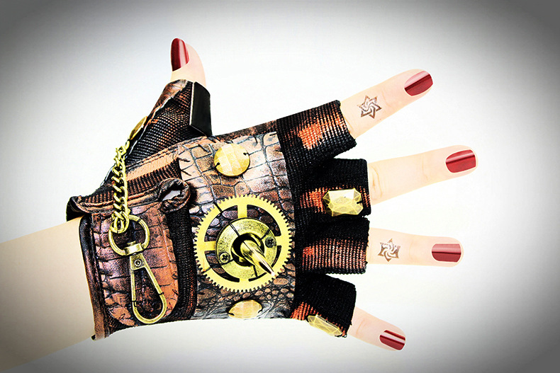 Title 5, Steampunk Rock Locomotive Half Finger Gloves Ou...