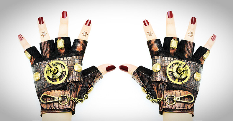 Title 6, Steampunk Rock Locomotive Half Finger Gloves Ou...