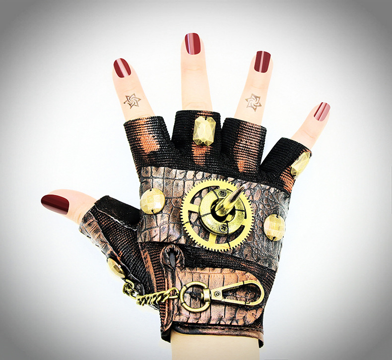 Title 7, Steampunk Rock Locomotive Half Finger Gloves Ou...