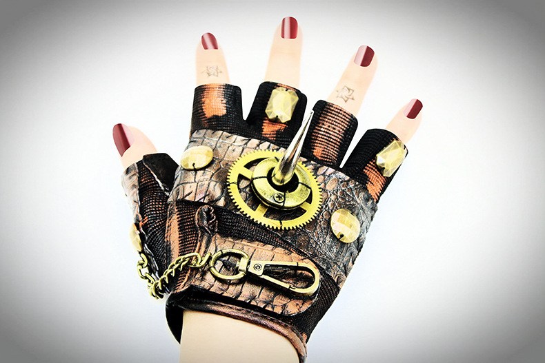 Title 10, Steampunk Rock Locomotive Half Finger Gloves Ou...