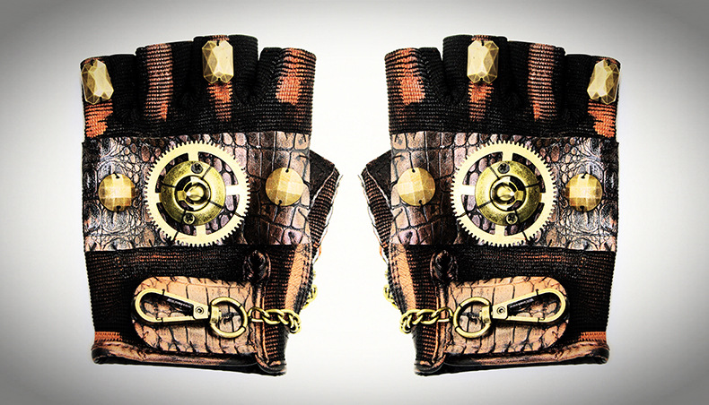 Title 15, Steampunk Rock Locomotive Half Finger Gloves Ou...