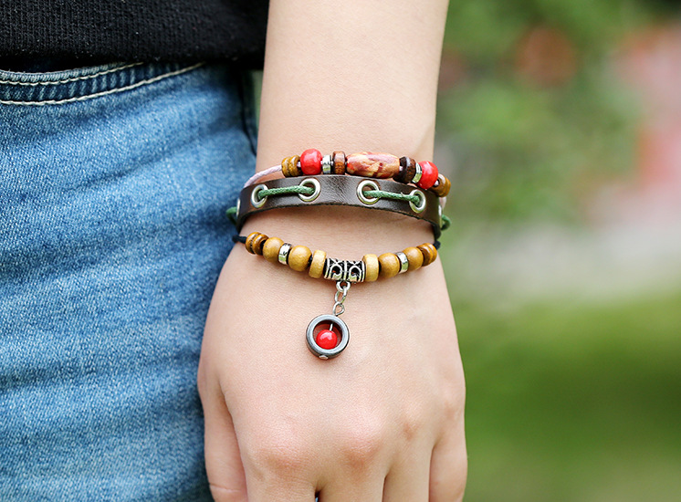 Title 11, Leather Bracelet Jiangshan Little Redwood Beade...