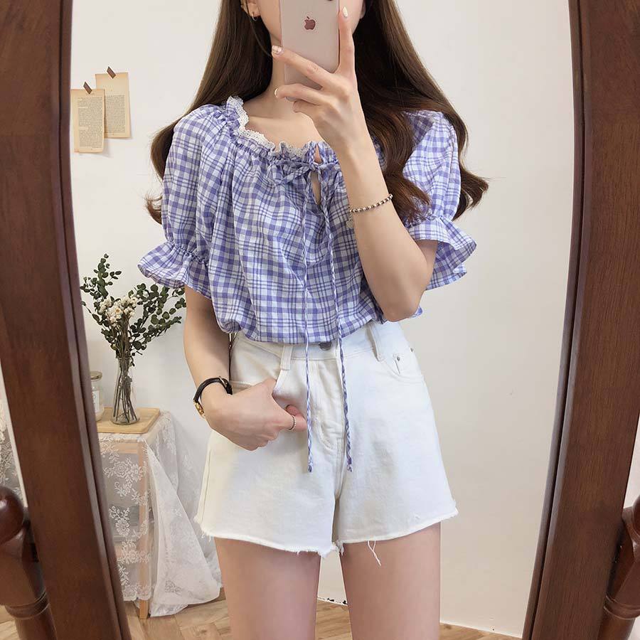 Title 7, Short-Sleeved Plaid Shirt Womens Summer New Sm...