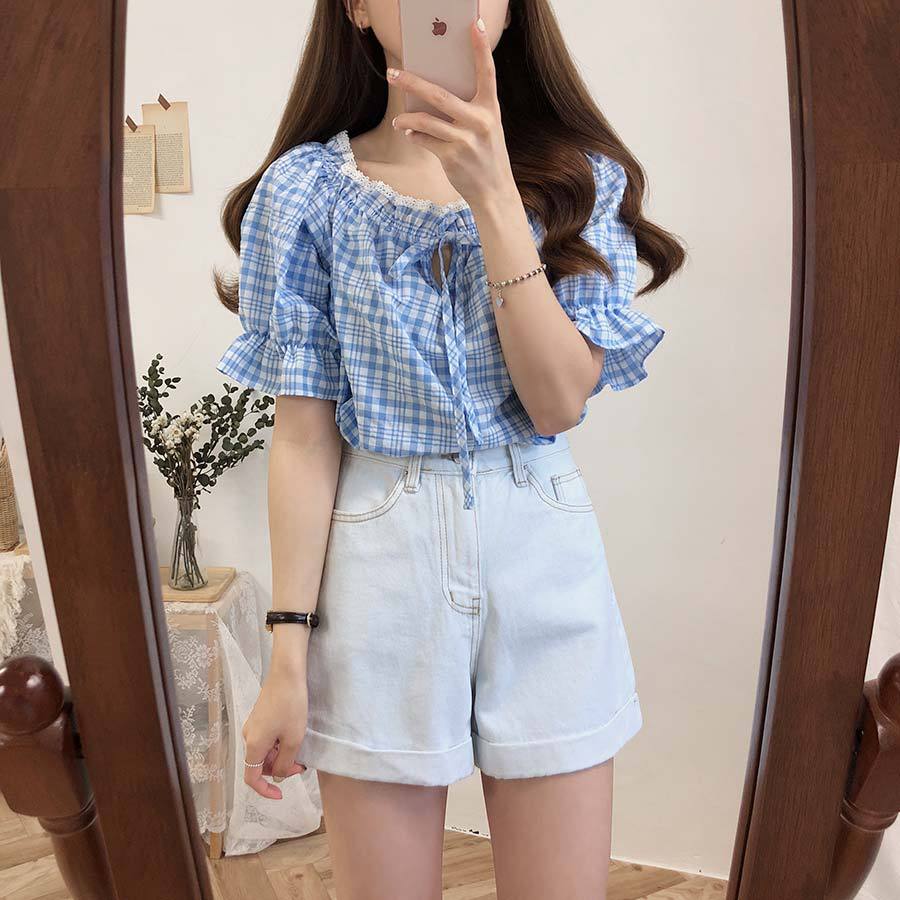 Title 12, Short-Sleeved Plaid Shirt Womens Summer New Sm...