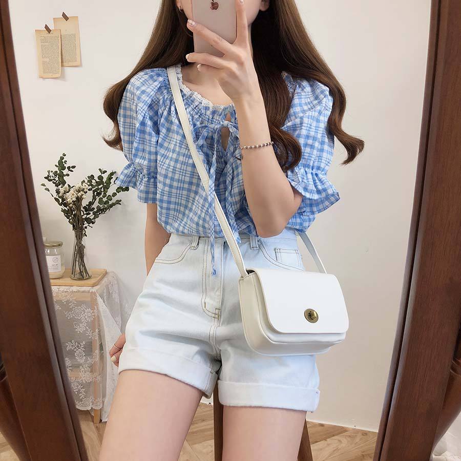 Title 19, Short-Sleeved Plaid Shirt Womens Summer New Sm...