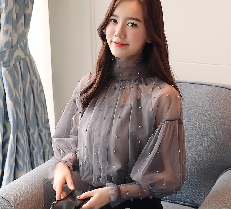 Title 5, Womens Lantern Sleeve Mesh Chiffon Shirt. A st...