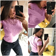 New round neck lace lace stitching sexy strapless slim short