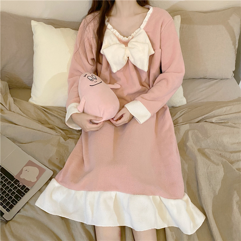 Title 10, Winter Cute Plush Bow One-piece Long Pajamas