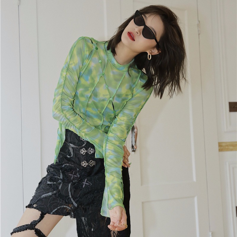 Button Irregular Fold Hollow Mesh Base Shirt