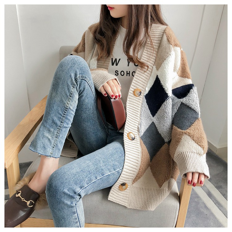 Title 7, V-neck button cardigan woolen jacket with stitc...