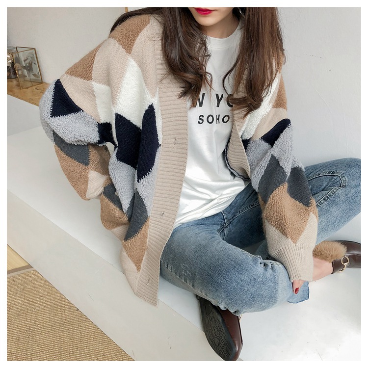 Title 9, V-neck button cardigan woolen jacket with stitc...