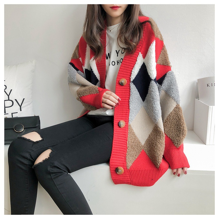 Title 12, V-neck button cardigan woolen jacket with stitc...