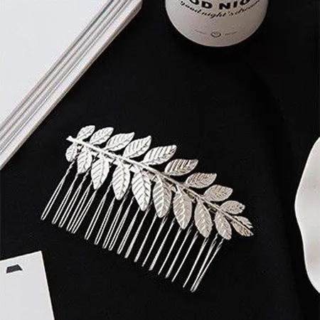 Electroplated Women's Metal Leaf Top Clip Feather Headwear Hair Comb Silver - Shop at LoveMi