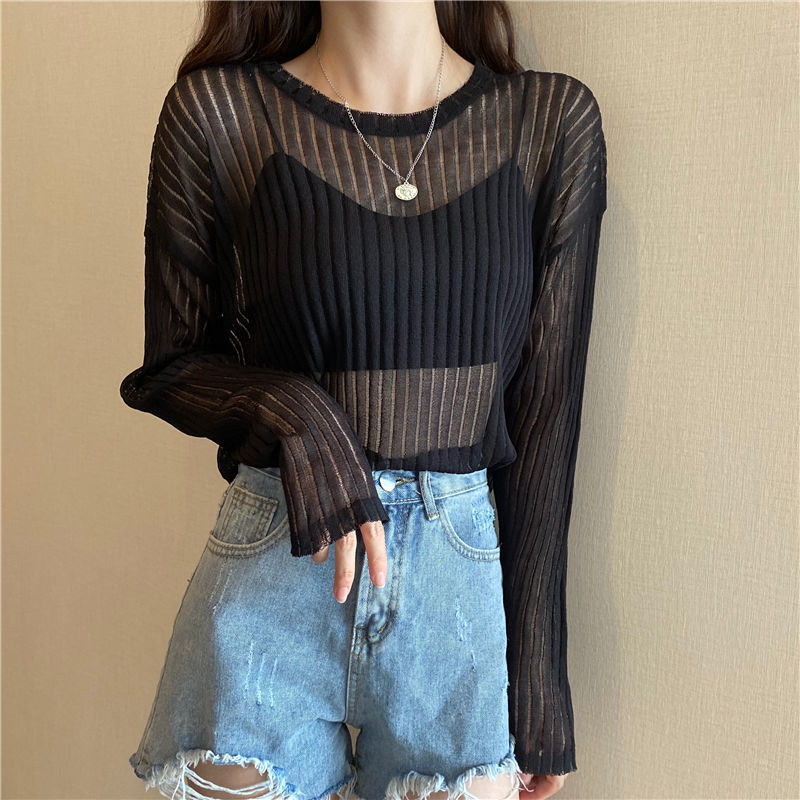 Title 1, Korean Style Loose Thin Long Sleeved Hollow Kni...